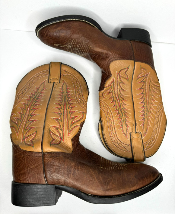 Vintage Tony Lama Boots Mens 8 D 1002 Two Tone Brown Leather Stitch Cowboy main image 5